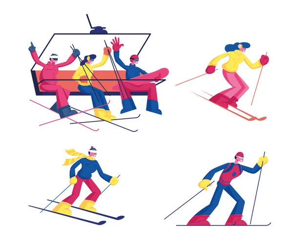 Катание на лыжах Зимние виды спорта изолированы на белом фоне. Лыжники и спортсменки с лыжным снаряжением — стоковый вектор
