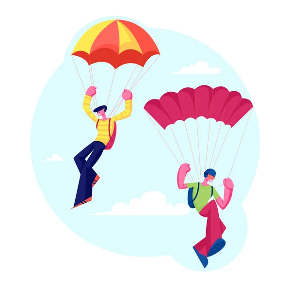 Skydiver personages springen met parachute zweven in de lucht. Parachutespringen Sport. Een paar parachutisten vliegen. — Stockvector