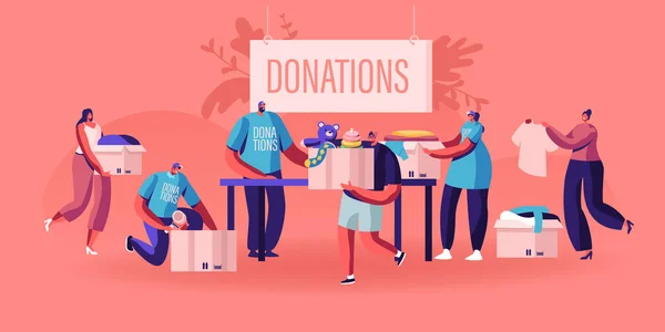 Donatie en liefdadigheidsconcept. Karakters brengen dozen met verschillende dingen en kleding voor arme mensen — Stockvector