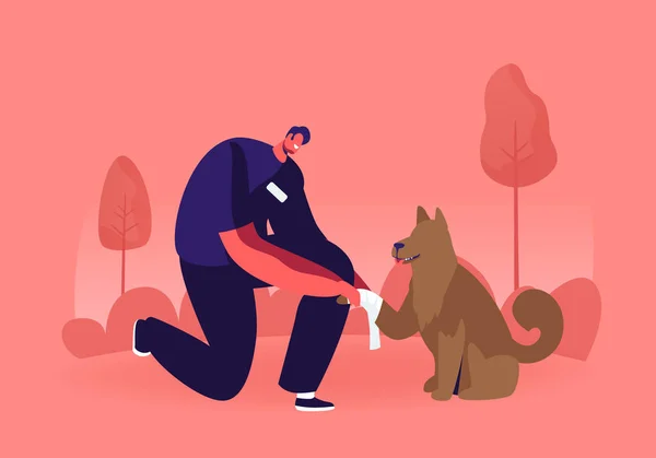 膝の包帯ホームレス犬の足に立って若い男.ボランティア犬の世話をし、獣医の助けを与える — ストックベクタ