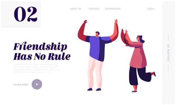 Friendship Between Man and Woman Website Landing Page (en inglés). Personajes masculinos y femeninos Buenos amigos pasan tiempo juntos — Archivo Imágenes Vectoriales