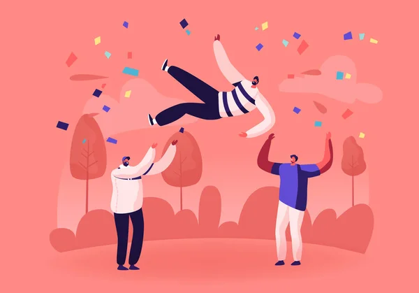 Tim Bisnis Ceria atau Good Friends Tossing di Air Man dengan Festive Confetti sekitar. Pengusaha Merayakan Kemenangan - Stok Vektor