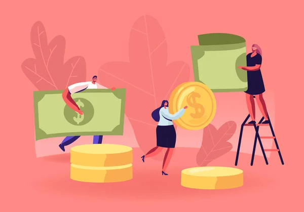 People Collecting and Saving Money Concept. De minuscules personnages masculins et féminins portent des pièces et des billets en dollars énormes — Image vectorielle