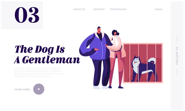 Ludzie Adoptujący Pet from Shelter Website Landing Page. Stoisko dla par w Cage with Dog in Rehabilitation Adoption Center — Wektor stockowy