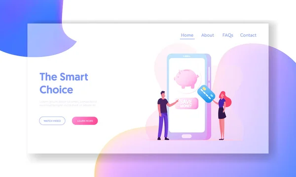 Strona internetowa oszczędności pieniędzy Landing Page. Business People with Credit Card Stand at Ogromny smartfon Dokonaj wpłaty — Wektor stockowy