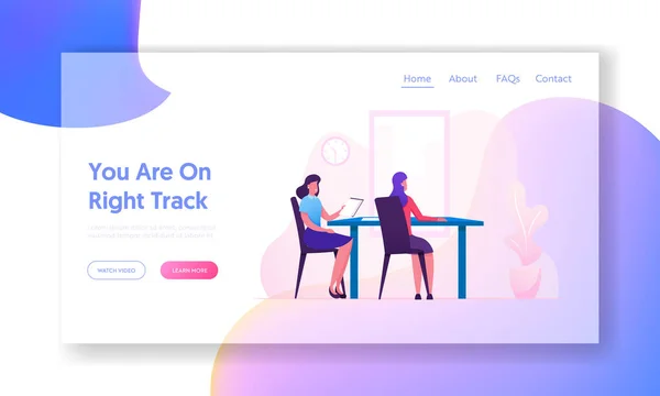 Geschäftsleute Kommunikation Website Zielseite. Unternehmerinnen am Verhandlungstisch — Stockvektor