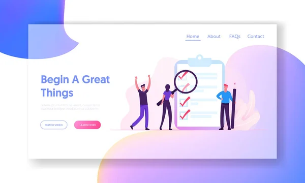 Productieve dagelijkse planning en taakbeheer Website Landing Page. Mensen maken en controleren Plan op Enorme checklist — Stockvector