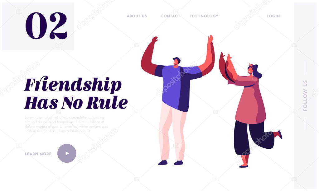 Friendship Between Man and Woman Website Landing Page. Male and Female Characters Good Friends Spend Time Together