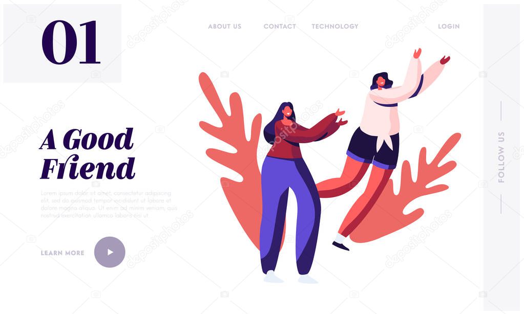 Good Friends and Friendship Website Landing Page. Happy Girls Fooling and Jumping Outdoors Spending Time Together