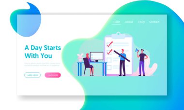 Zamanlama, İlham Yaratıcı Süreç Web Sitesi İniş Sayfası. İş Adamları Kontrol Listesiyle Büyük Panoda Duruyor