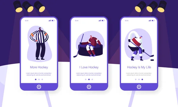 Juego de hockey Página de la aplicación móvil Juego de pantalla a bordo. Los palos que sostienen del equipo se sientan en el Puck enorme, juego que juzga del árbitro — Archivo Imágenes Vectoriales