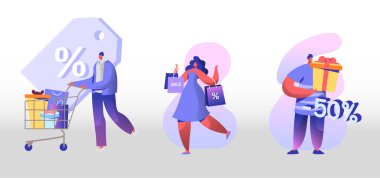 Satış ve indirim seti. Mutlu İnsan Alışverişi Eğlencesi. Erkek ve Kadın Karakterler Bir şeyler Alıyor ve Sunuyor