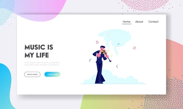 シーンウェブサイトランディングページで活躍する才能あるアーティスト。コンサート衣装におけるヴァイオリニスト｜音楽作曲を演奏する — ストックベクタ