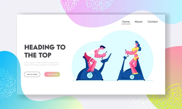 Faire du vélo Cardio Exercice dans le site Web du club de conditionnement physique Page d'atterrissage. Femme et Homme Entraînement en Gym sur Vélo d'Exercice — Image vectorielle