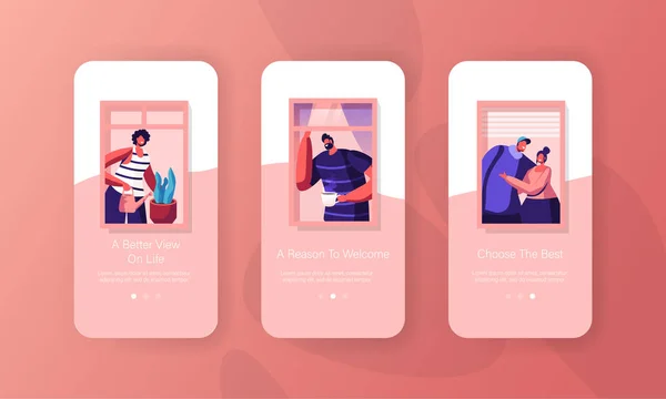 Mensen bij Home Mobile App Page Onboard Screen Set. Personages kijken uit Windows. Vrolijke mannen en vrouwen drinken thee — Stockvector