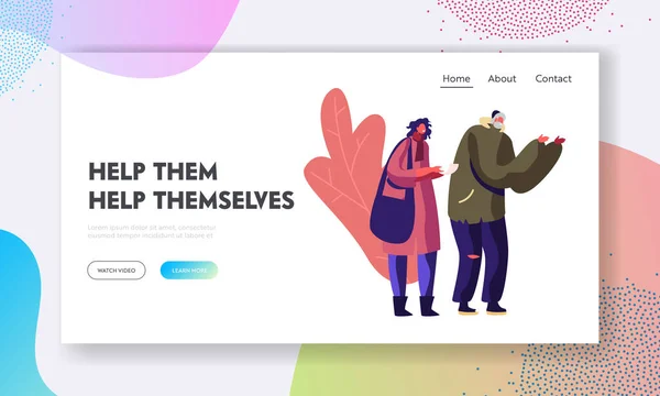 Frivillig och donationshjälp till rums webbplats Landning sida. Hemlösa människor som får varm mat från volontärer — Stock vektor