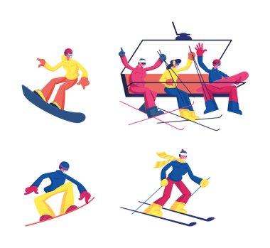 Kayak ve Snowboard Kış Spor Aktivitesi Beyaz Arkaplanda tecrit edildi. Snowboard Sporcuları