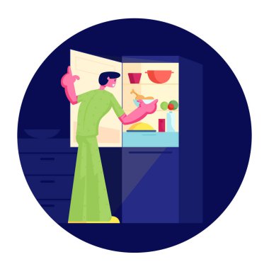 Hungry Man Wearing Pajamas Stand at Open Refrigerator at Night Going to Eat. Male Character Searching Meal at Darkness clipart