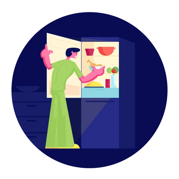 Éhes Férfi Pizsamát visel Álljon a Nyitott Hűtőszekrényben az Éjszakai Evés alatt. Férfi karakter kereső étkezés a sötétség — Stock Vector