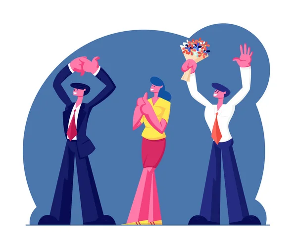 Party or Anniversary Celebration. Group of People in Festive Clothing Applauding and Waving Hands, Man in Formal Suit — Stock Vector