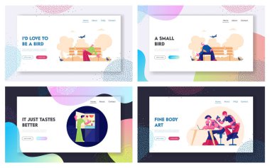 Yaşlılar Beslenen Kuşlar, Gece Yemeği, Dövme Salonu İniş Sayfası Seti. Park 'ta Güvercinleri Besleyen Yaşlılar