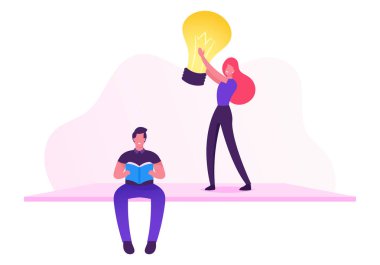 Man Programmer or Coder Reading Book about Computers, Girl Holding Light Bulb. Office Worker or Employee Work on Software Development and Testing or Program Coding. Cartoon Flat Vector Illustration clipart svg vector 