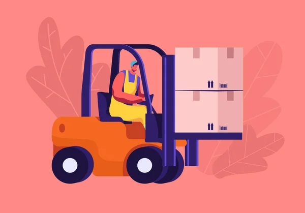 Logística de carga y concepto de servicio de almacén. Carretilla elevadora de conducción de trabajadores con cajas de paquetes de cartón que entregan mercancías — Archivo Imágenes Vectoriales