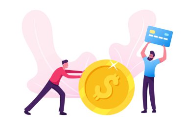 İş adamı para kazanıp biriktiriyor. Erkek Karakter Yuvarlanan Büyük Altın Para. Man Holding Kredi Kartı