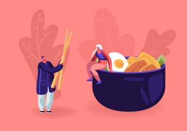 Çin Gıda ve Asya Gastronomi Konsepti. Minik Kadın Büyük Kasede Et, Sebze ve Yumurtayla Oturuyor