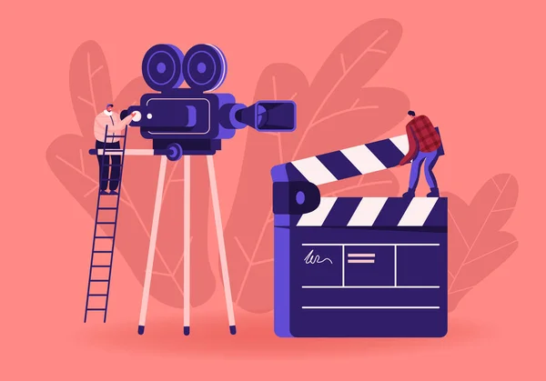 Κινηματογράφος και Κινηματογραφία Industry Concept με Κινηματογραφιστές και Videocamera. Χειριστής γυρίσματα σκηνή σε βιντεοκάμερα — Διανυσματικό Αρχείο