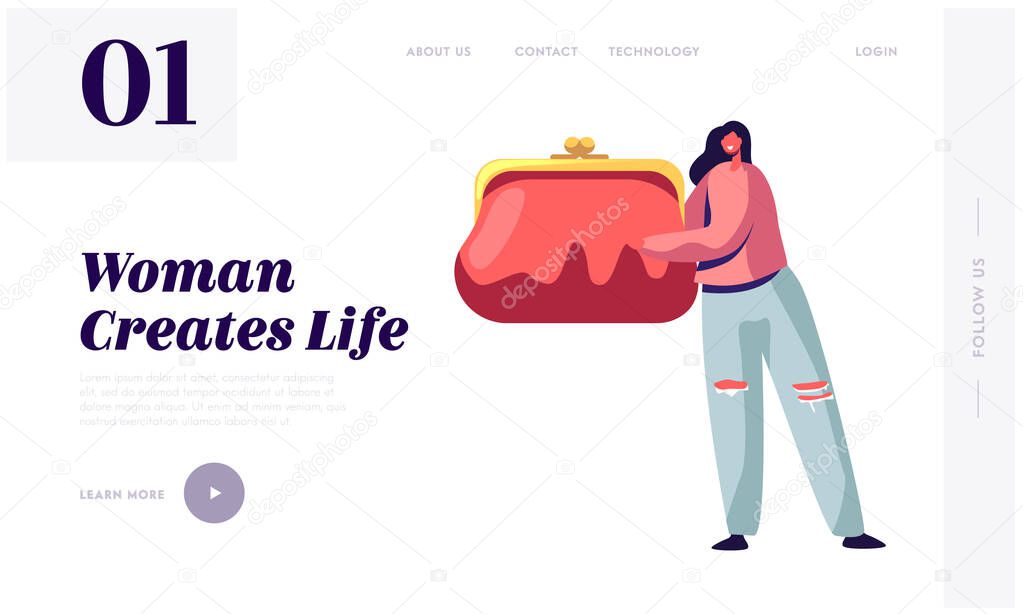 Women Things Website Landing Page. Tiny Female Character Holding Huge Purse with Money. Girls Bag Stuff