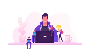 Programmer Coder Web Developer or Software Engineer Sitting at Desk and Working on Computer or Programming. IT Worker at Workplace with Tiny People and Light Bulb. Cartoon Flat Vector Illustration clipart svg vector 