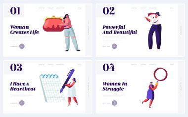 Kadın Şeyleri ve Aksesuarları Web Sitesi İniş Sayfası Seti. Çantalarından Farklı Şeyler Tutan Genç Kadınlar