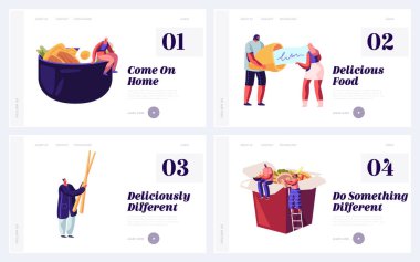 Geleneksel Asya Yemekleri Restoranı Web Sitesi İniş Sayfası Seti. Çin yemeği yiyen, Talih Mesajı okuyan insanlar.