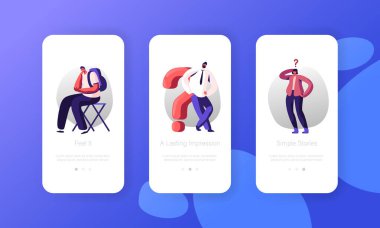 Kuşkular ve Karmaşık Mobil Uygulama Sayfası Ekranda Düşünceli ve Şüpheci İnsanlar Soru İşaretiyle Düşünüyor