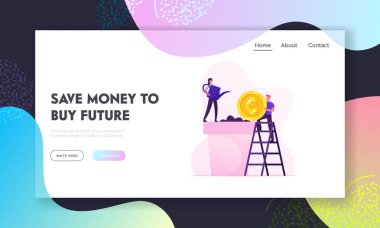 Yatırım Bankası Gelir Sitesi İniş Sayfası. İşadamı toprağa madeni para koydu, Kadın saksıya su koydu