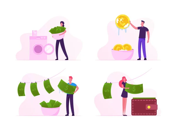 Conjunto de lavagem de dinheiro. Pessoas de negócios desleais lavando notas na máquina, limpando moedas na bacia, seco após lavagem —  Vetores de Stock