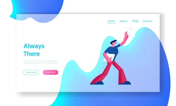 Zeitungsjunge verkauft Zeitungen Website Landing Page. männlicher Charakter mit vielen Publikationen in den Händen — Stockvektor
