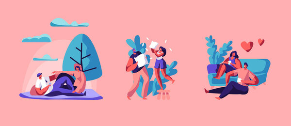 Loving Couple Spare Time Set. Happy Man and Woman Spending Weekend Together Fighting on Pillows, Drinking Tea