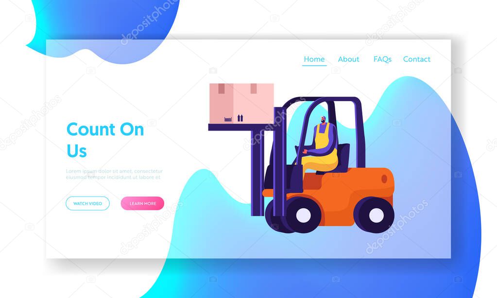 Freight Shipping and Logistics Website Landing Page. Worker Lifting Cargo on Forklift Machine in Warehouse Delivering