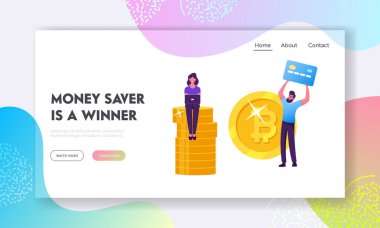 Tasarruf, Nakit ve Kredi Kartları Web Sitesi İniş Sayfası. Başarılı iş adamları para biriktirir. Minik Erkek ve Kadın Karakteri
