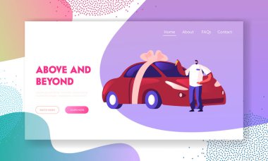 Otomobil Satın Alma Web Sitesi İniş Sayfası. Yeni Araba Paketlenmiş Adam Alıcı veya Satıcı Anahtarları El Altında Duruyor