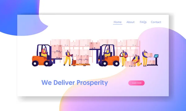 Logística y Merchandising Página Web de Desembarco. Cargando, apilando mercancías con elevadores eléctricos de mano — Archivo Imágenes Vectoriales