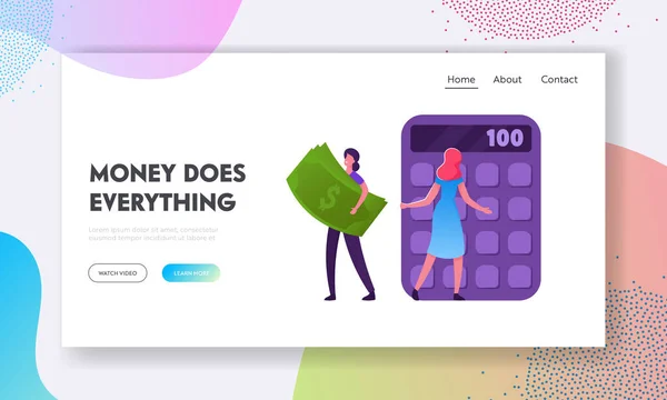 People Making Investments and Savings, Conducting Budget Website Landing Page (en inglés). Chica llevar enorme billete de dinero — Vector de stock