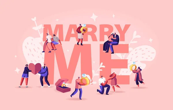 "Marry Me Concept". Мужчины делают романтическое предложение женщинам, давая обручальное кольцо, стоящее на коленях. Любовь — стоковый вектор