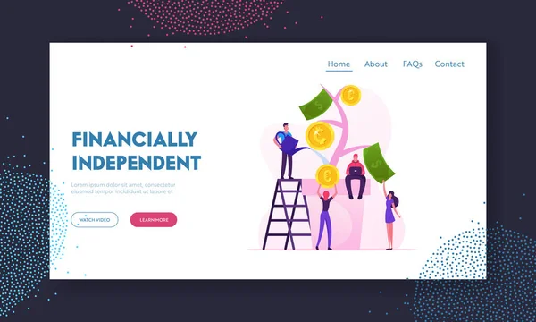 Beneficio financiero Inversión Ingresos Página web Landing Page. Gente de negocios Planta de riego en maceta, recogiendo monedas de oro — Archivo Imágenes Vectoriales