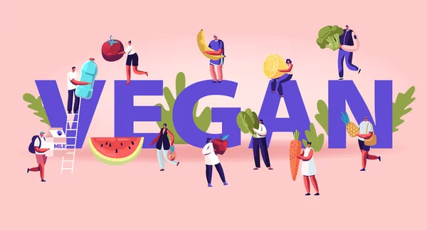 Concepto de Comida Vegana. Personajes minúsculos de hombres y mujeres con frutas y verduras maduras, dieta vegetariana, saludable — Vector de stock
