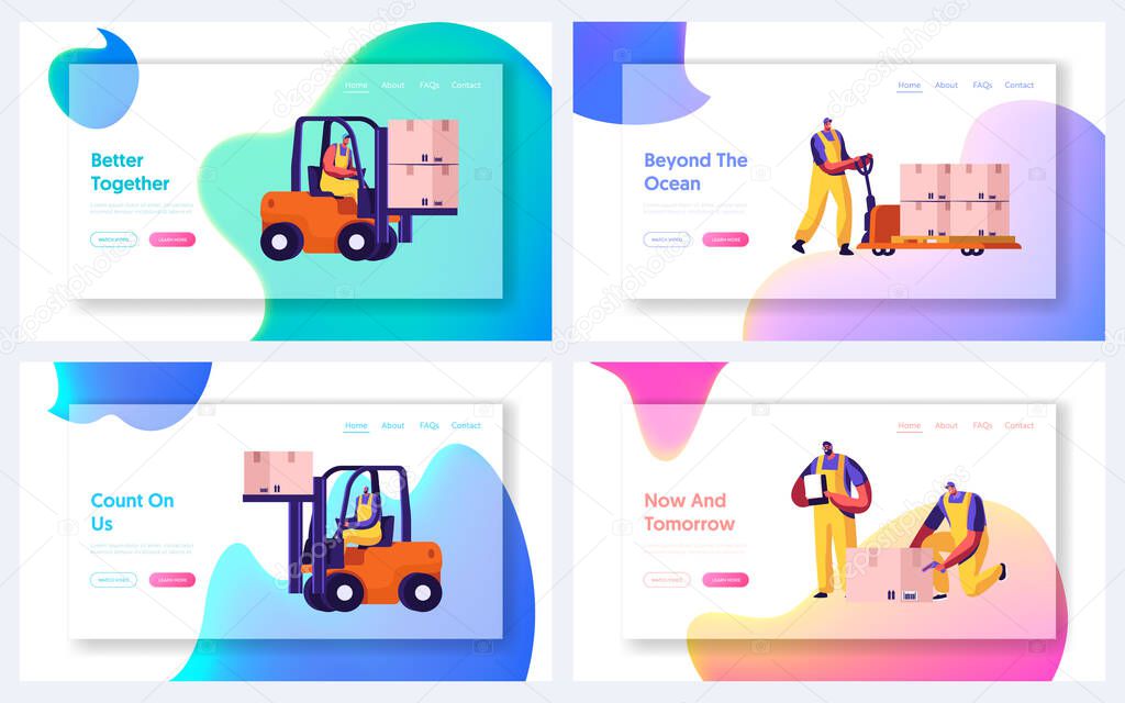 Cargo Logistics, Shipping Service Website Landing Page Set. Workers Loading Freight in Warehouse Using Forklift Trucks