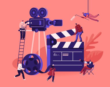 Film Çekme Süreci Konsepti. Profesyonel Ekipmanlı Kamera ve Personel Kullanıcı Aktörlerle Film Kaydediliyor