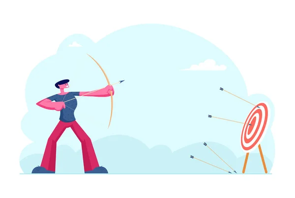Konsep Prestasi dan Strategi Bisnis (Business Strategy and Goals Achievement). Businessman Archer Shooting to Huge Target Holding Bow with Arrow - Stok Vektor